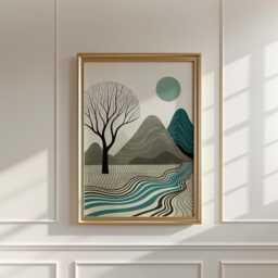 Abstract Mountain Tree Poster - Teal Landscape Wall Art Minimal Nature Print - thumbnail 3