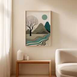 Abstract Mountain Tree Poster - Teal Landscape Wall Art Minimal Nature Print - thumbnail 2