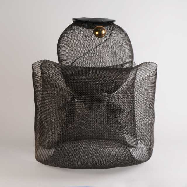 "steel Sculpture With Ceramic Rounds Real Gold Overglaze. Wire Mesh, One Of Three Identical Sculptures. Large 19"" T X 13" - image 1