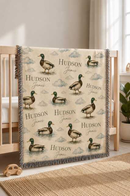 Custom Mallard Duck Blanket, Personalized Baby Name Woven Nursery Decor, Shower Gift, Woodland Throw - image 1
