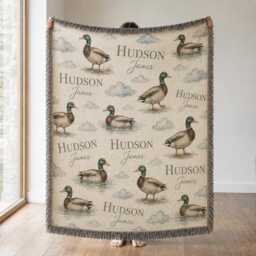 Custom Mallard Duck Blanket, Personalized Baby Name Woven Nursery Decor, Shower Gift, Woodland Throw - thumbnail 2