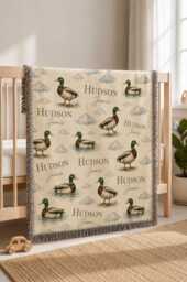 Custom Mallard Duck Blanket, Personalized Baby Name Woven Nursery Decor, Shower Gift, Woodland Throw - thumbnail 1