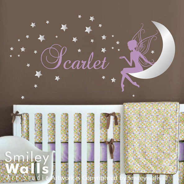 Fairy Wall Decal, Sticker For Nursery, Stars & Moon Personalized Name Decor Baby Girls Room - image 1