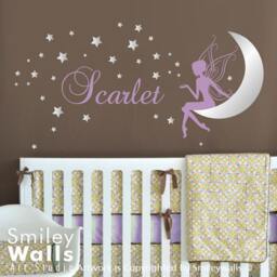 Fairy Wall Decal, Sticker For Nursery, Stars & Moon Personalized Name Decor Baby Girls Room