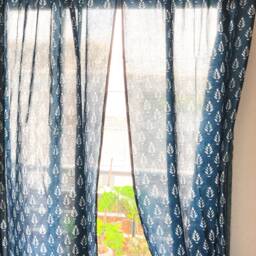 Indigo Mughal Print Semi Sheer Curtain, Cotton Curtains, Boho Curtains, Drape Panels, Blockprint Window Door Curtains - thumbnail 2