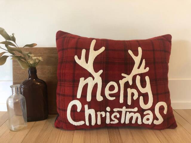Merry Christmas Embroidered Throw Pillow, Antlers, Red Plaid - Hand Wool - image 1