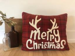 Merry Christmas Embroidered Throw Pillow, Antlers, Red Plaid - Hand Wool - thumbnail 1