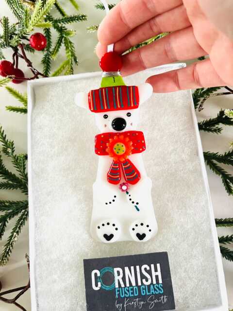 Cute Polar Bear Fused Glass Christmas Decoration, Fused Glass Ornament, Cornwall, Cornish - image 1