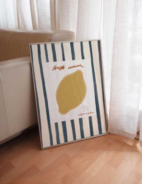 Fresh Lemon Striped Poster Print Mid-Century Modern Kitchen Wall Decor - image 1