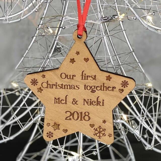 Personalised Cherry Our First Christmas Together Couple 2023, Mr & Mrs Star Tree Decoration Bauble Gift - image 1
