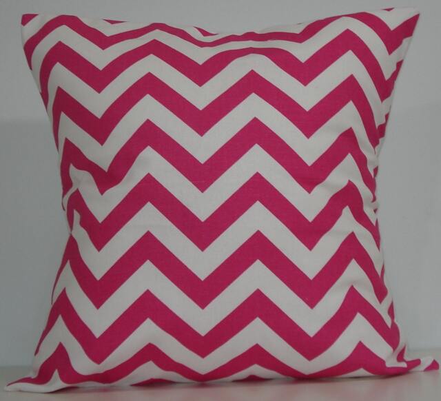 New 18x18 Inch Designer Handmade Pillow Case in Hot Pink & White Chevron Zig Zag Pattern