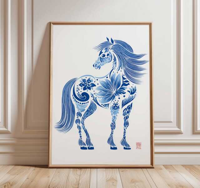 Blue Horse Poster - Abstract Floral Wall Art, Modern Equine Print, Elegant Animal Artwork, Bold Decor For Home - image 1
