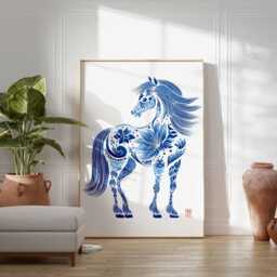 Blue Horse Poster - Abstract Floral Wall Art, Modern Equine Print, Elegant Animal Artwork, Bold Decor For Home - thumbnail 3