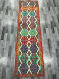 Tribal Runner Rug, Handmade Artisan Afghan Turkish Scandinavian Navajo Bohemian Flatweave Wool Kilim Rug 294x83 cm - thumbnail 1