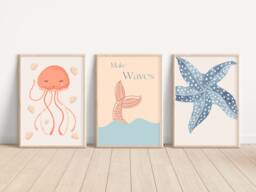 Mermaid, Jellyfish & Starfish Prints For A Nursery, Little Girls Room Or Playroom. - Prints Only - thumbnail 1