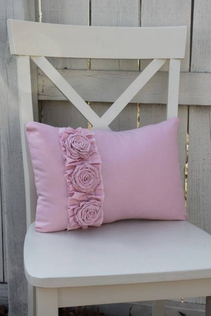 Linen Shabby Chic Flax Ruffle Decorative Pillow Cover , Hand Made Rosette Cushion Cover, Any Size
