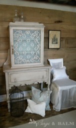 Sold Custom For Denise - Antique Shabby Chic Grey & Aqua China Cabinet Hutch With Lace, Distressed Chalk Painted Furniture, Hand