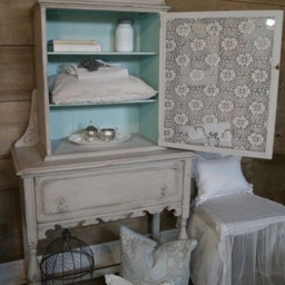 Sold Custom For Denise - Antique Shabby Chic Grey & Aqua China Cabinet Hutch With Lace, Distressed Chalk Painted Furniture, Hand - thumbnail 3