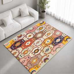 Pastel Pink Mustard Tribal Kilim Pattern Rug Non-Slip Soft Area Carpet Bedroom Living Room Hallway Mat Decor - Made in UK - thumbnail 1
