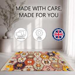 Pastel Pink Mustard Tribal Kilim Pattern Rug Non-Slip Soft Area Carpet Bedroom Living Room Hallway Mat Decor - Made in UK - thumbnail 2