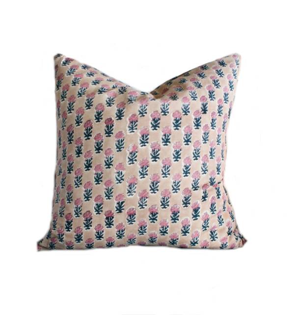 Tan Floral Hand Block Print Pillow Cover Modern Farmhouse Decor - image 1