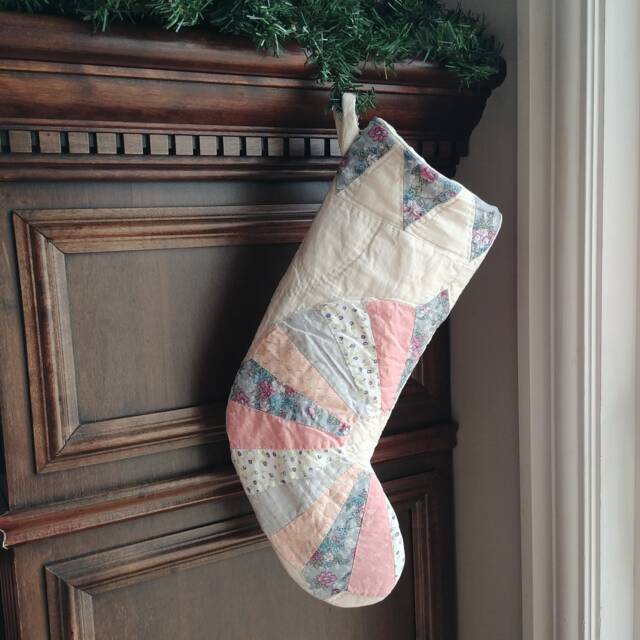 Quilted Christmas Stocking in Blue, Coral Patchwork, Dresden Plate Pattern Holiday Stocking, 18 Inch - image 1