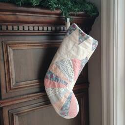 Quilted Christmas Stocking in Blue, Coral Patchwork, Dresden Plate Pattern Holiday Stocking, 18 Inch - thumbnail 1