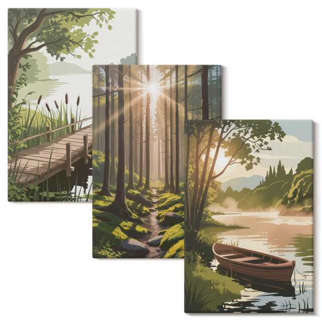 Canvas Wall Art Set Of 3 - Peaceful Landscapes The Forest & Lake With A Boat, Green Picture Print, Decor - image 1