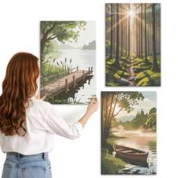 Canvas Wall Art Set Of 3 - Peaceful Landscapes The Forest & Lake With A Boat, Green Picture Print, Decor - thumbnail 2