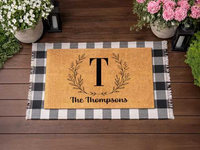 Monogram Doormat - Bold Initial Laurel Wreath Script - Custom Welcome Mat - image 1