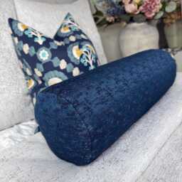 Decorative Navy Bolster Cushion 16x6 John Lewis Fabric Luxury Pillow Handmade UK Kk Pearl Decor - thumbnail 1