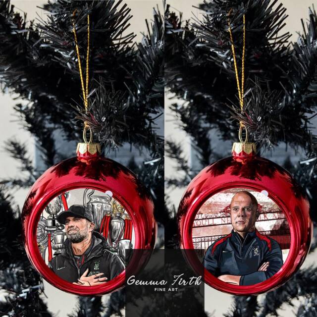 Jurgen Klopp Trophy Inspired Digital Illustration Christmas Bauble Drawing Design - Arne Slot