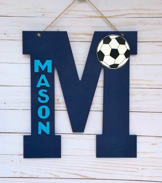 Personalized Monogram Letter - Soccer Fan Door Decor Kid Bedroom Wall Hanging Initial Wooden - image 1