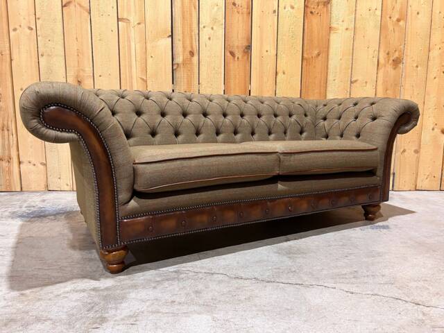 3 Seater Sage Green Tweed Fabric Chesterfield Sofa, Antique Tan Leather Details, British Handmade - image 1