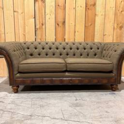 3 Seater Sage Green Tweed Fabric Chesterfield Sofa, Antique Tan Leather Details, British Handmade - thumbnail 3