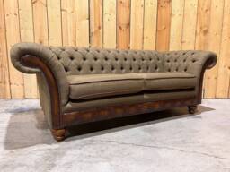 3 Seater Sage Green Tweed Fabric Chesterfield Sofa, Antique Tan Leather Details, British Handmade