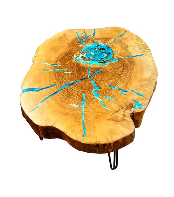 Round Live Edge Coffee Table With Glowing Resin Fillin/Hairpin Cooper Legs Ash Wood - image 1
