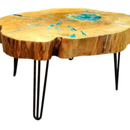 Round Live Edge Coffee Table With Glowing Resin Fillin/Hairpin Cooper Legs Ash Wood - thumbnail 3