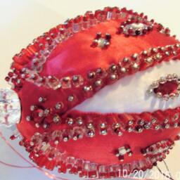 Original Handmade Hand Beaded 4 Inch Red & White Egg Shaped Shatterproof Christmas Ornament - thumbnail 3