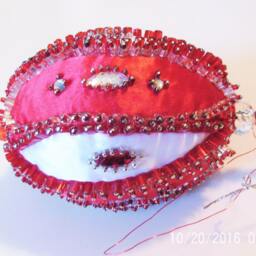 Original Handmade Hand Beaded 4 Inch Red & White Egg Shaped Shatterproof Christmas Ornament - thumbnail 4