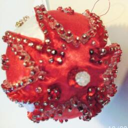 Original Handmade Hand Beaded 4 Inch Red & White Egg Shaped Shatterproof Christmas Ornament - thumbnail 2