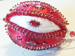 Original Handmade Hand Beaded 4 Inch Red & White Egg Shaped Shatterproof Christmas Ornament - thumbnail 1