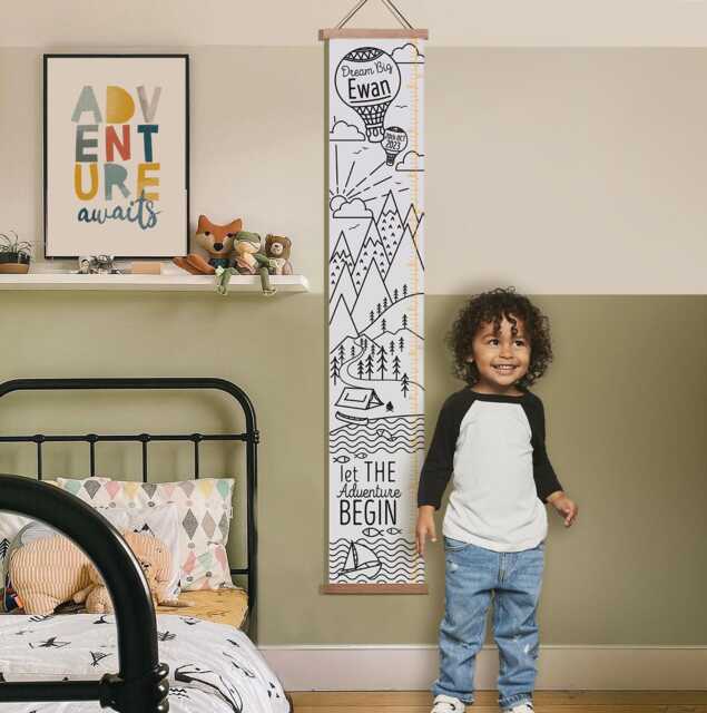 Personalised Monochrome Mountain Adventure Canvas Height Chart, Kid's Growth Chart, Wall Hanging, Hot Air Balloon, in Feet, Inches & cms - image 1