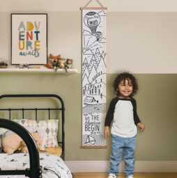 Personalised Monochrome Mountain Adventure Canvas Height Chart, Kid's Growth Chart, Wall Hanging, Hot Air Balloon, in Feet, Inches & cms - thumbnail 1