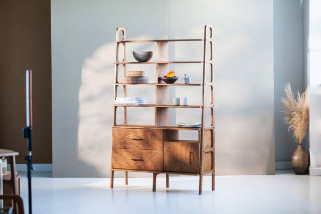 Modular Mid Century Wall Unit, Shelving, Ladder Bookshelf, Custom Furniture, Walnut Bookcase, Vinyl Record Storage - image 1