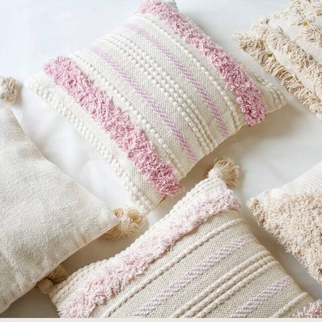Blush Pink Boho Throw Pillow Cover With Tassels - Woven Natural White & Cushion 45cm(18 - image 1