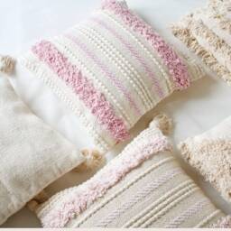 Blush Pink Boho Throw Pillow Cover With Tassels - Woven Natural White & Cushion 45cm(18 - thumbnail 1