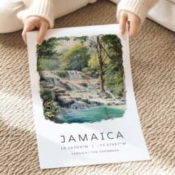 Jamaica Travel Poster, Art Print, Retro Wall Print, Engagement Wedding Gift, Map Coordinates - thumbnail 2