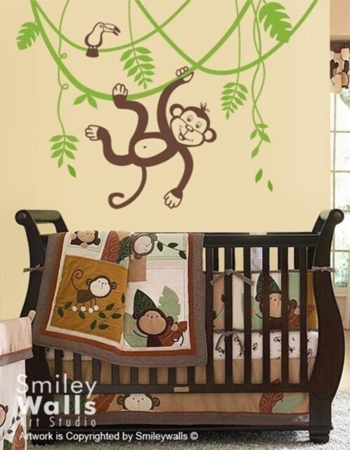 Jungle Monkey Swinging On A Vine & Cute Toucan Wall Decal, Vinyl Decal For Kids Nursery, Room Decor - image 1