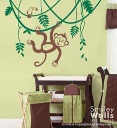 Jungle Monkey Swinging On A Vine & Cute Toucan Wall Decal, Vinyl Decal For Kids Nursery, Room Decor - thumbnail 2